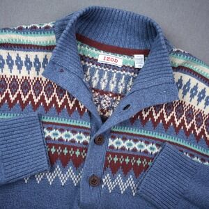 Vintage IZOD Geometric Fair Isle Men Blue Shawl Collar Pullover Sweater Cottage